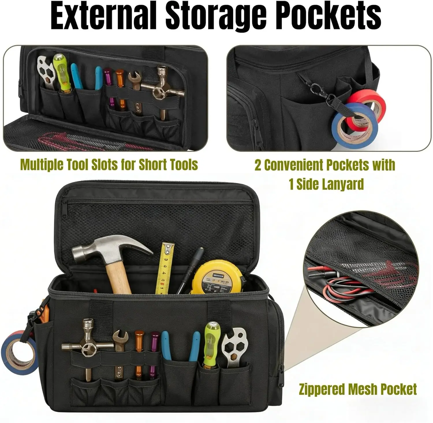 

14 inch heavy-duty tool kit, multi-purpose, portable carpenter kit, with multiple zippered pockets and handle design