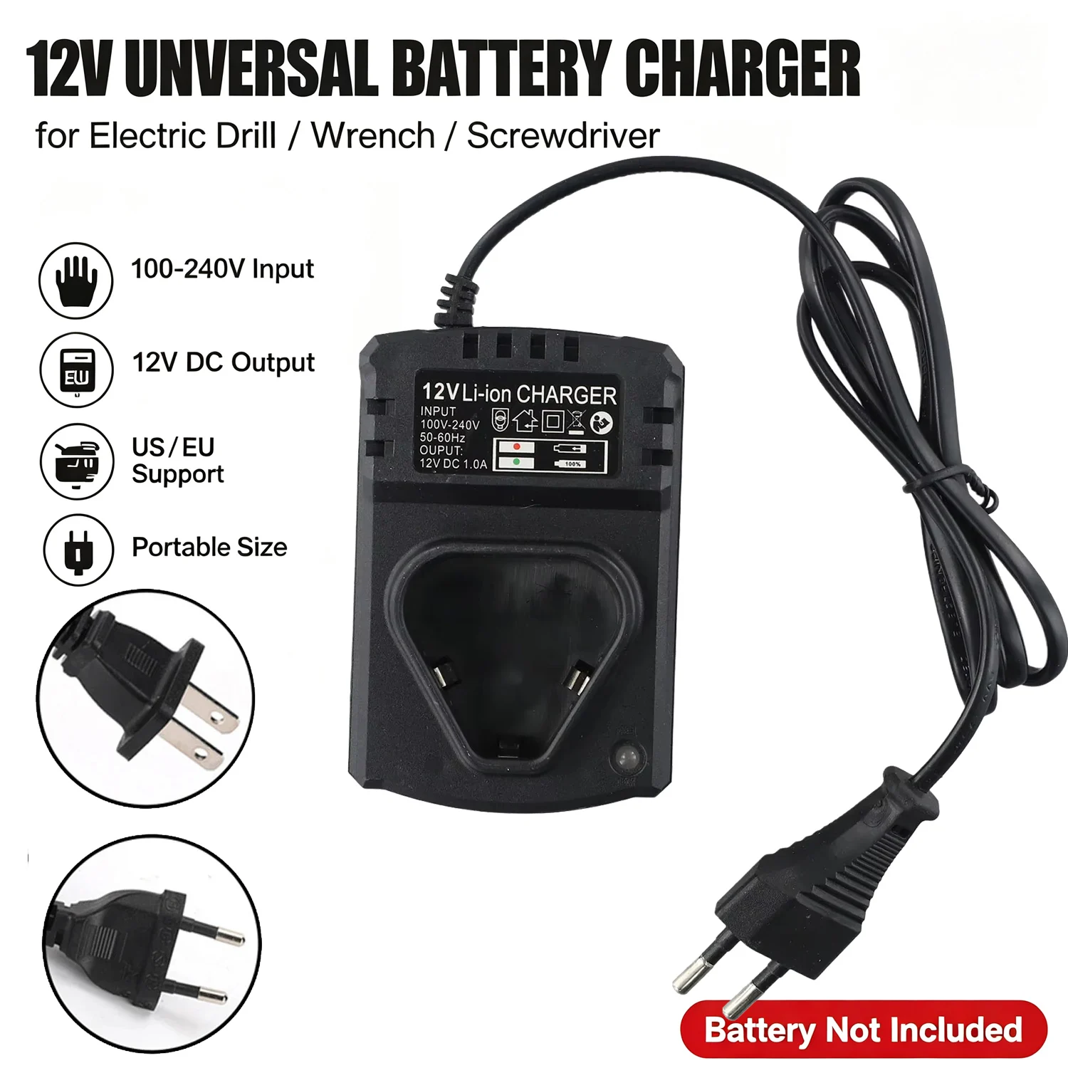 12V Li‑ion Battery Charger US EU Plug Universal Electric Drill Charger 100‑240V Input For Electric Wrench Screwdriver Power Tool