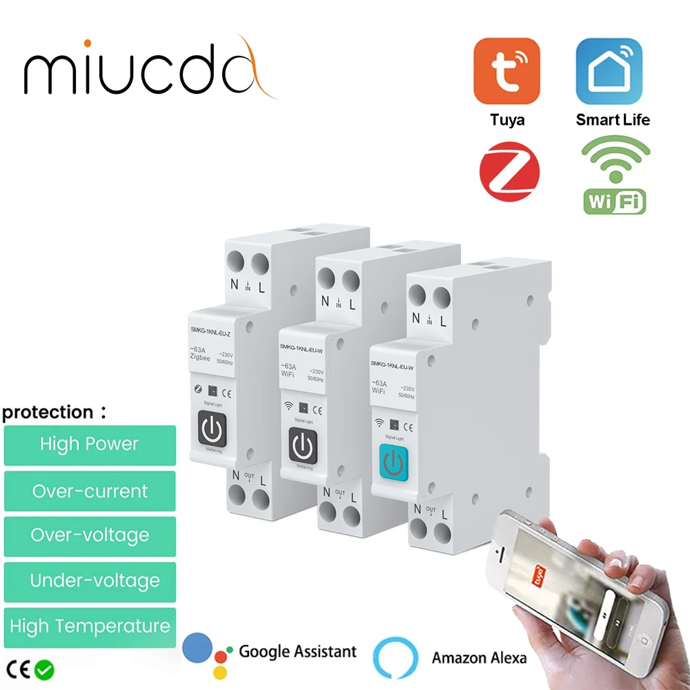 MIUCDA TUYA WiFi/ZigBee Smart Circuit Breaker Protezione da sovratensione corrente Misurazione della potenza Interruttore di controllo remoto 1-63A