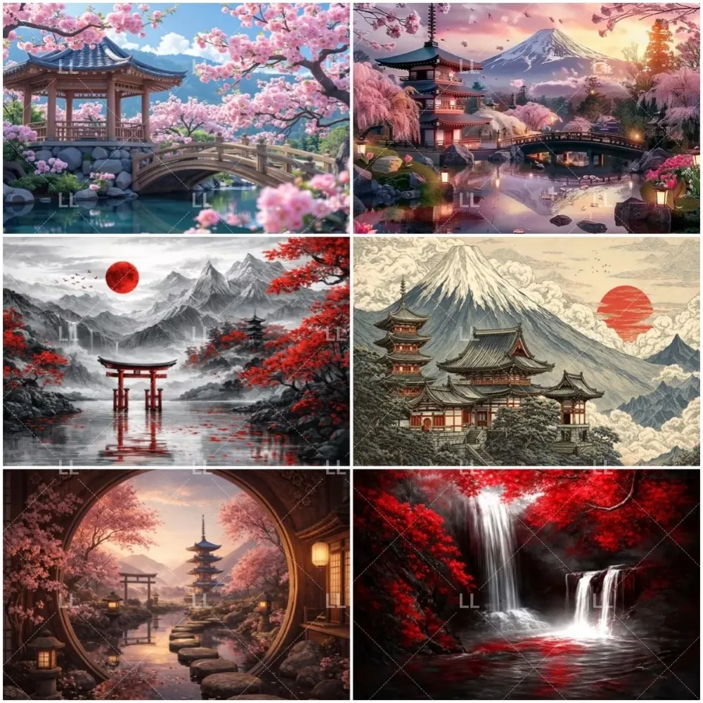 Japanese Cherry Blossom Landscape Backdrop Mount Kiyomizu Sunshine Pink Flower Moonlight Night Photography Background Supplies