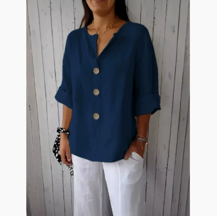 Plus Size Loose Shirt&Blouses Women's V-Neck Cotton Linen Button Top Casual Shirts Solid Elegant Office Womens Clothing Shirt view 5