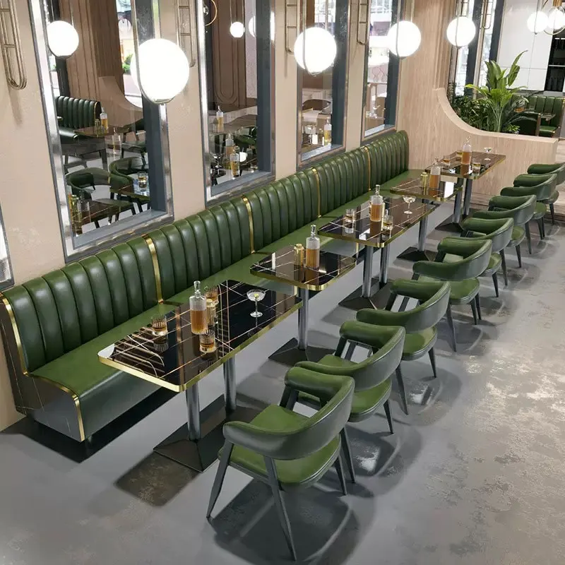 

Industrial Retro Cafe Furniture Set Commercial Green Leather Booth Seating for Hotel Restaurant Dining Table and Chairs Booth