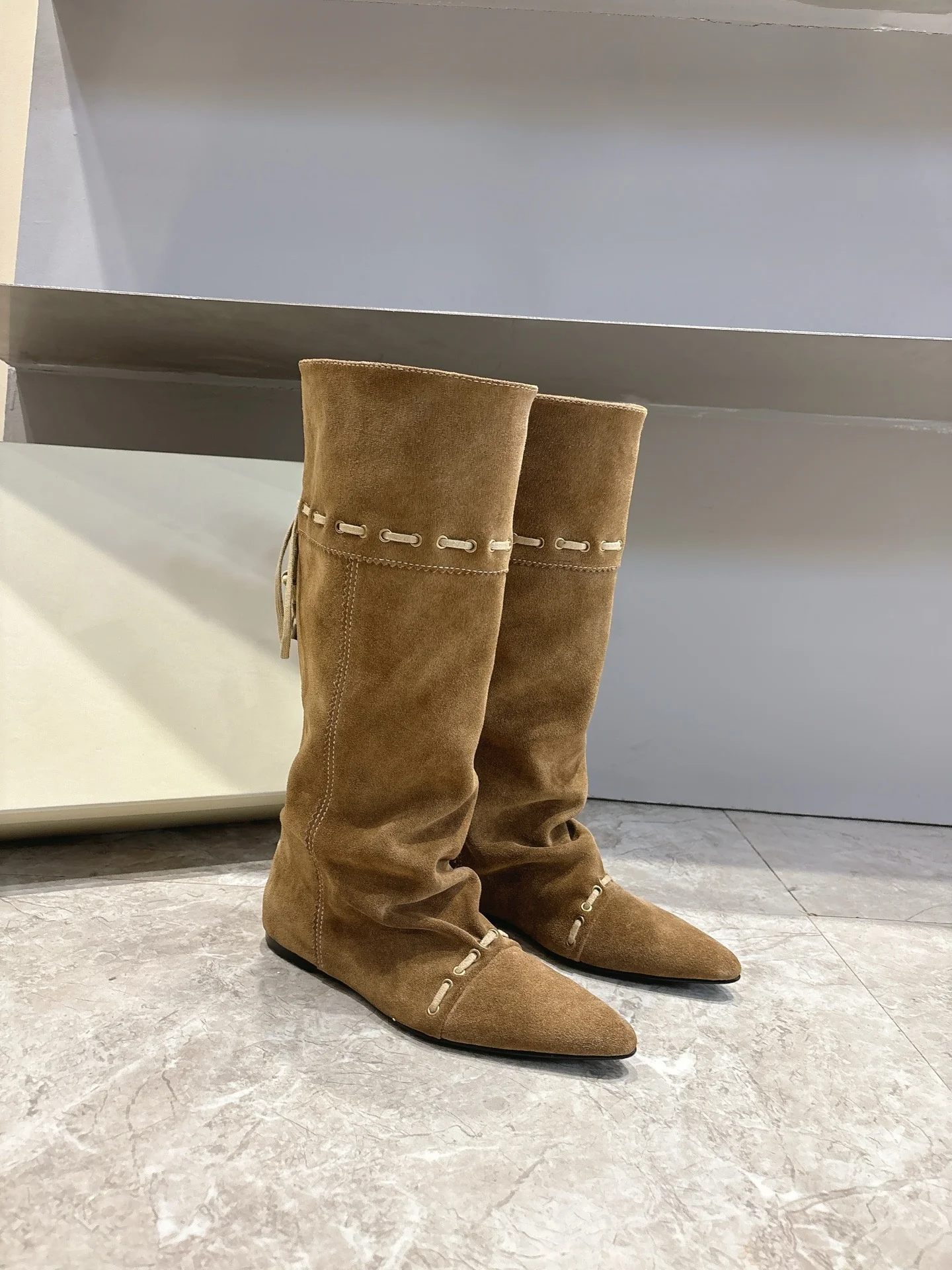 

2025 Winter autumn suede leather calf boots knee boots booties lace up genuine leather flat heel boots