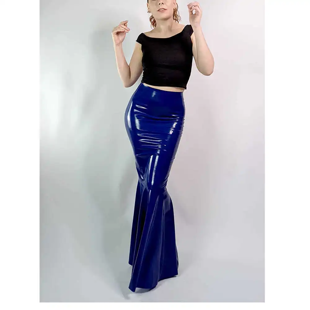 

Sexy Semi-Long Skirt with Flounce Hem in iny PVC Latex Fi Tail for Carnival Par Clubwear High Waist Polyester Fabric