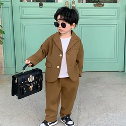 Boys Coat +Pants Kids Suits Tracksuit 2PCS/Set 2023 Khaki Spring Autumn Cotton Birthday Gift Children Clothing