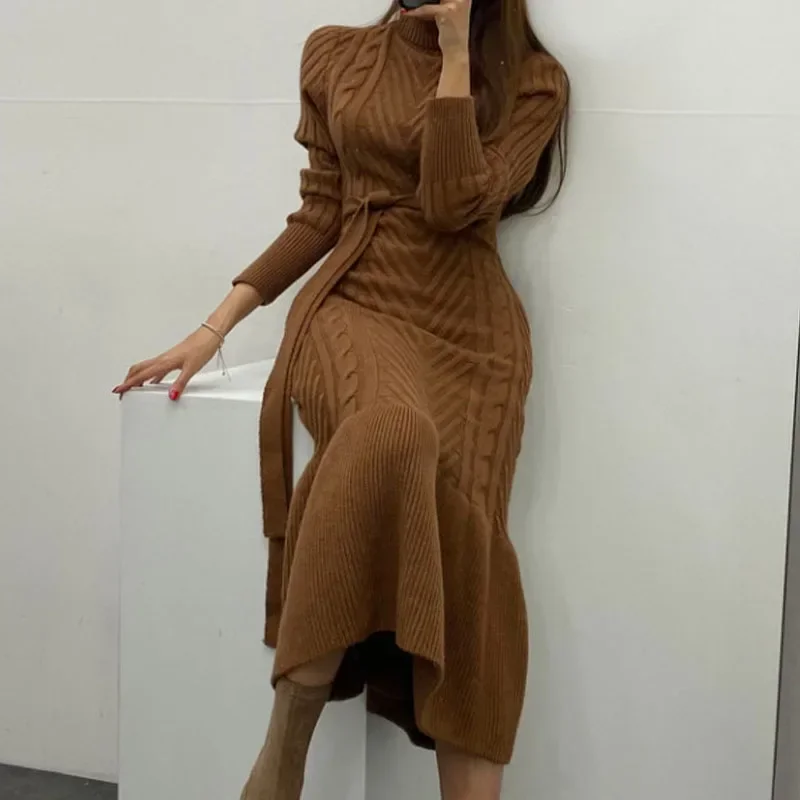 

Autumn Thicken Knitted Dress for Women Winter Turtleneck Collar Coffee Long Wool Vestido Jumper Korean Luxury Knitwear