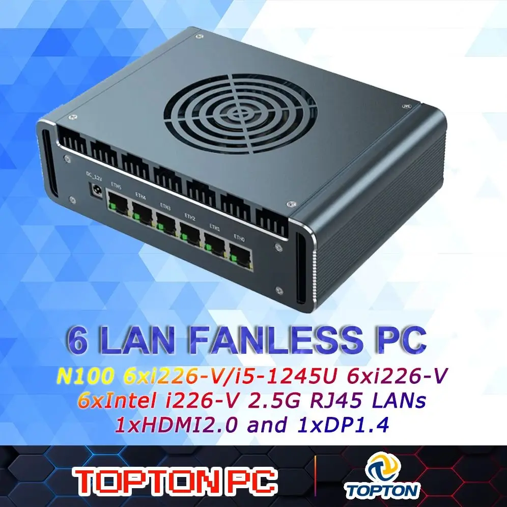 Apparecchio firewall industriale Intel i7 1265U i5 1345U N100 i3-1215U Mini PC senza ventola Router Pfsense 6 LAN 4x USB3.0 1xRJ45 COM