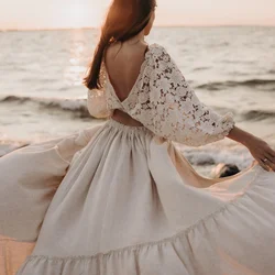 Women's Boho Dress Two-Pieces Set Photography Props Vintage Lace Top and Linen Skirt Maternity Pregnancy Photo Shoot Clothing