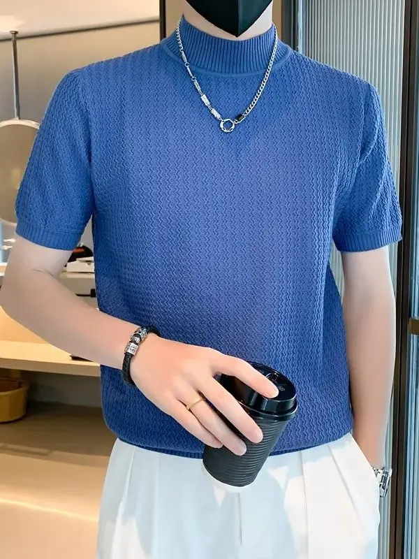 

Мужская приталенная футболка с коротким рукавом и высоким воротником, свитер с воротником-стойкой, модная молодежная повседневная трикотажная одежда для весны, осени и зимы