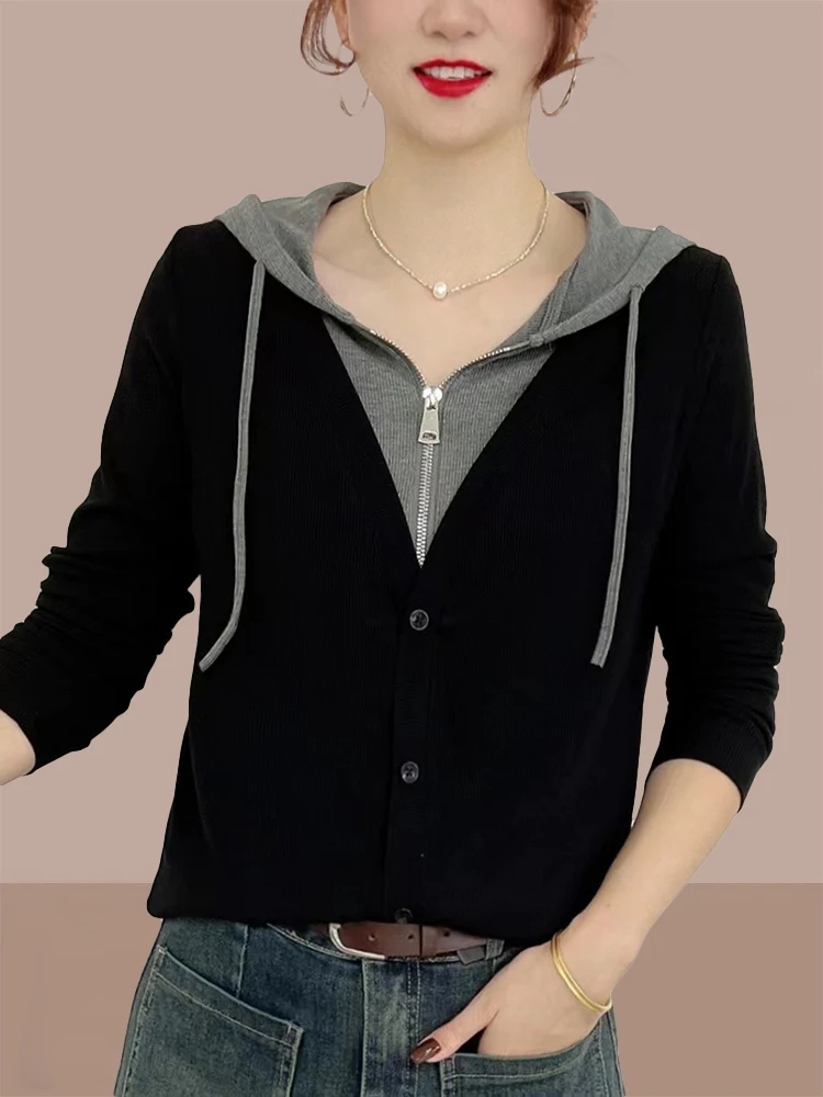 Faionable Sudadera con capucha de algodón ajustada para mujer, capa Base con cremallera, sudadera informal Sle Long Sve V-Ne, Top de longitud Regular