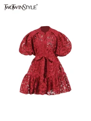 TWOTWINSTYLE Hit Color Elegant Mini Dresses For Women O Collar Long Sleeve High Waist Patchwork Lace Up Dresses Female Style New