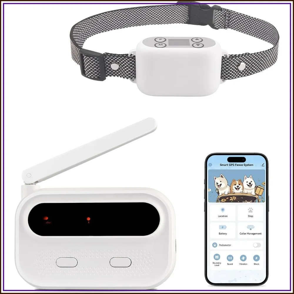 Wireless Dog Fence GPS System, App Control, No Subscription, 984ft Range, IPX7 Waterproof, Beep/Vibration/Shock, for 5 Dogs
