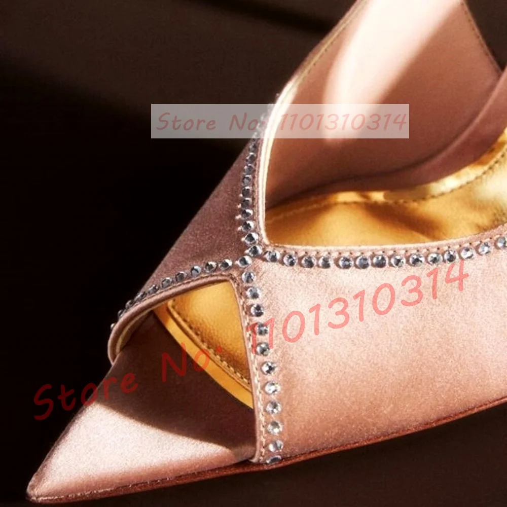 Peep Toe Pink Satin Sandals Women Elegant Rhinestones Trim Gold High Heels Shoes Ladies Ankle Strap Feminine Summer Sandals