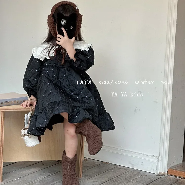 Girls Dress 2023 Winter New Dress Children Korean Version Large Lapels Plus Fleece Thick Temperament Black Jacquard Dress