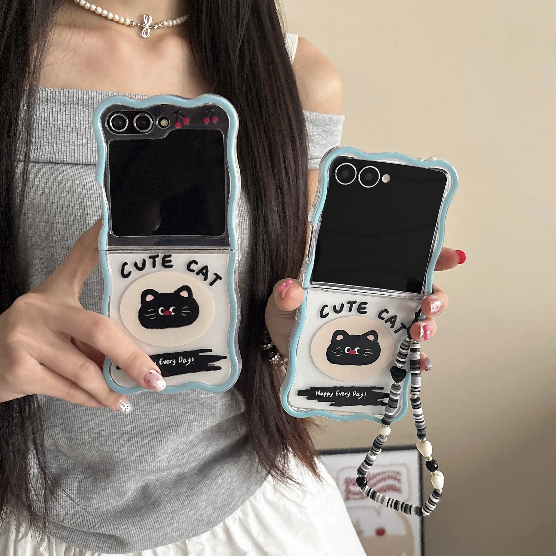 Korean English Cat Phone Case For Samsung Galaxy Z Flip7 6 5 4 3 Cover With Lanyard Wave Phone Cover For Z Flip7 Flip6 Phon Case