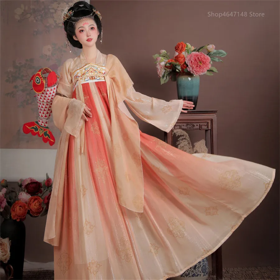 Fantasia de dança hanfu feminina, roupas elegantes, dinastia Tang, fada, delicadeza, estampada, estilo chinês, nova moda, 2024