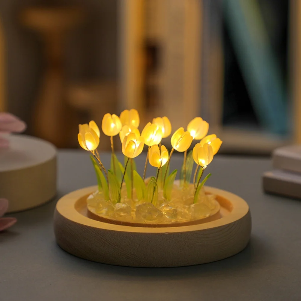 Romantic Tulip Night Light Featuring Glass Flower and Wood Base Creates Comfortable and Inviting Atmosphere for Girls and Women