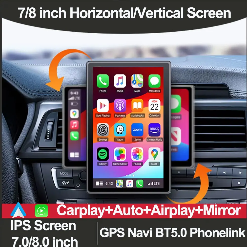 7/8 inch Car Multimedia Player Support Horizontal&Vertical Screen Wireless Carplay Android Auto Car Stereo Magnetic Bracket