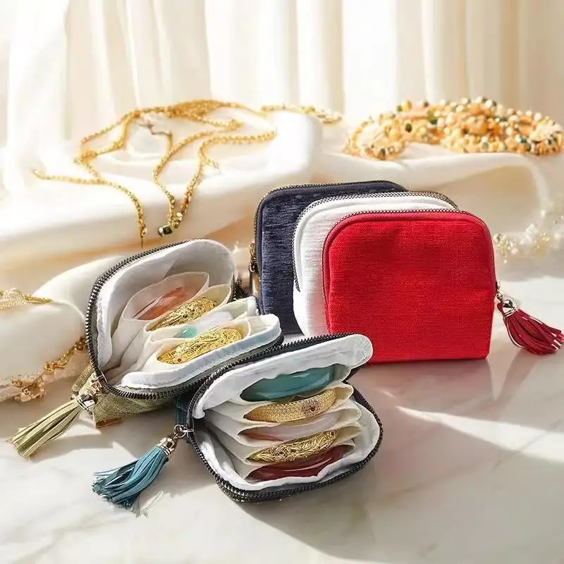 Portable Tassel Pendant Jewelry Storage Bag Multi Layer Lining Anti-dust Ring Necklace Pouch for Outdoor Travel