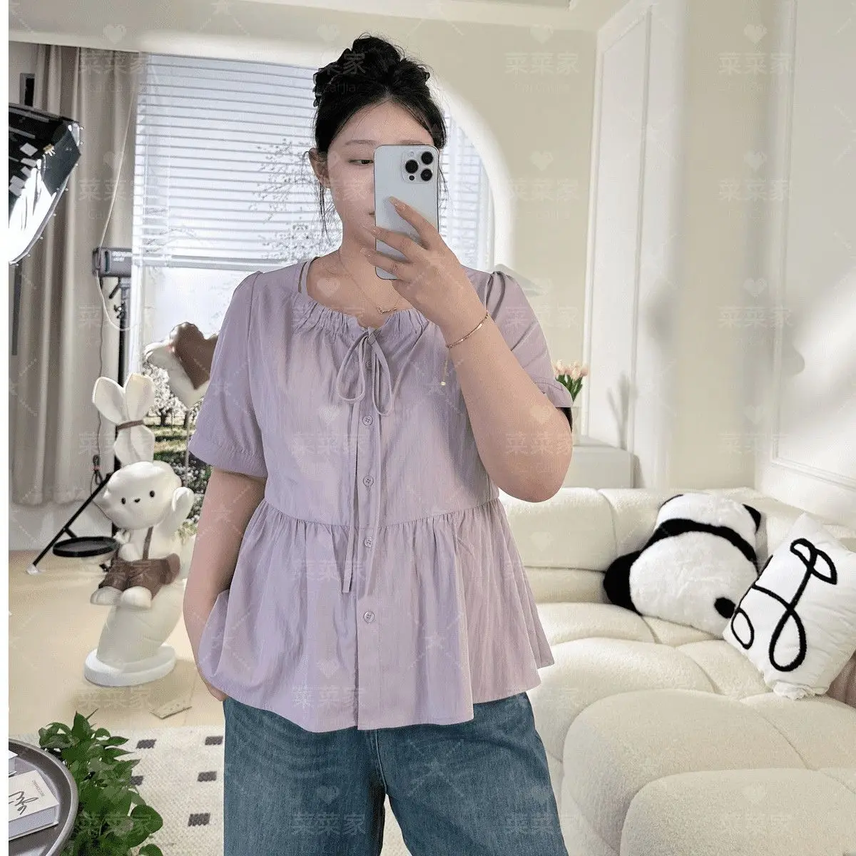 

Large Size Women's Clothing Korean Version Folds Lace-up Short Sleeves Shirt for Women Summer Loose Age Reducing Versatile Top