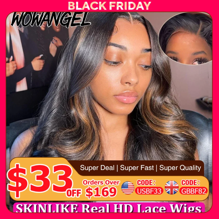 WOWANGEL Bye Bye Kots الباروكات 1B30 تسليط الضوء على HD الدانتيل إغلاق شعر مستعار الجسم موجة باروكة من شعر طبيعي جاهزة للذهاب غلويليس شعر مستعار عقدة ابيض #1