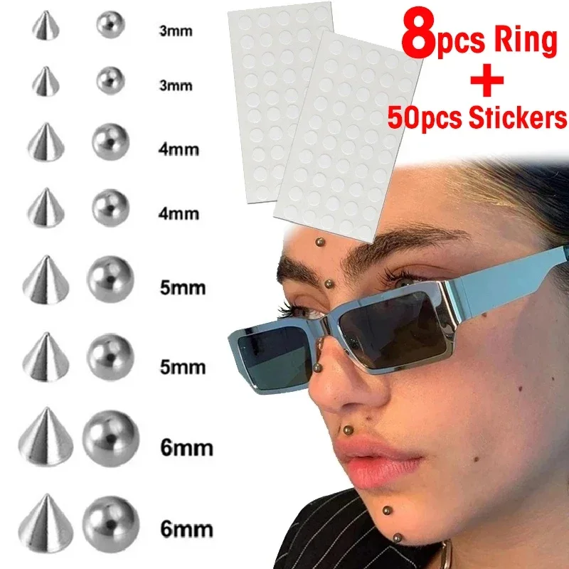 8Pcs Stainless Steel Fake Piercing Stud Set Fake Nose Ring Stud Sticker Pack Fake Eyebrow Lip Piercing Non Piercied Body Jewelry