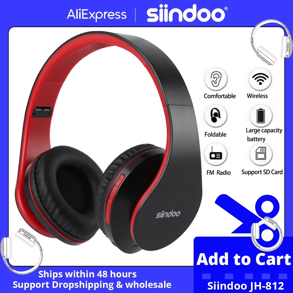 Siindoo JH-812 Red Bluetooth Headphone Foldable Stereo Music Earphones FM and Support SD Card with Mic for Mobile Samsung PC TV