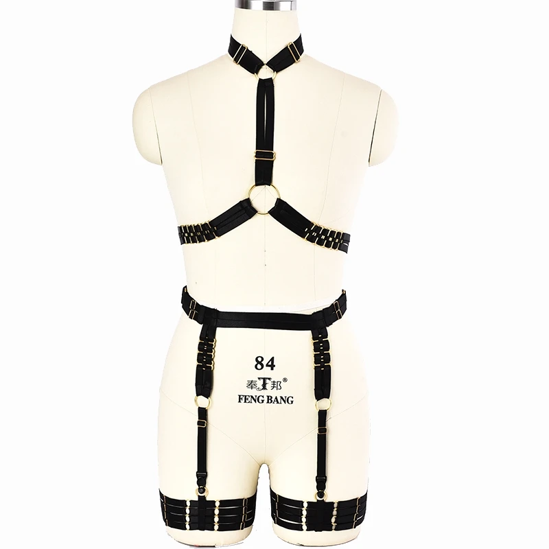 

JLX.HARNESS Sexy Lingerie Gold O-Ring Body Harness Set Cage Black Crop Tops Cage Bra Gothic Bondage Harness Belt Halloween Rave