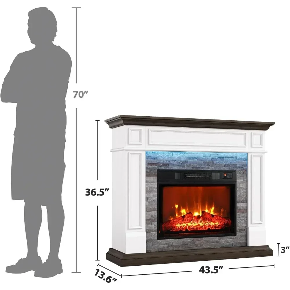 Chimenea eléctrica LED de 44 pulgadas con chimenea, efecto LED y envolvente de piedra apilada, temporizador remoto para sala de estar