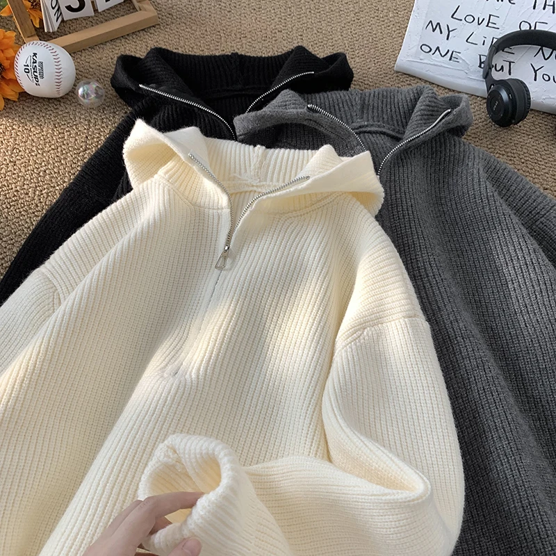 2025 Autumn Solid Color Half-zip Hooded Sweatshirt Japanese Casual Knitted Hoodie Trend Versatile Tops Women Men Clothing