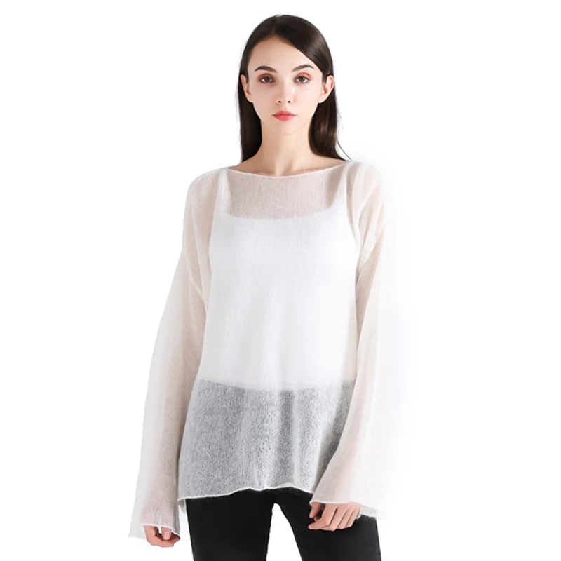 BAHTLEE-Women's Wool Knitted Pullover, Slash Neck Sweater, Flared Sleeve, Thin Loose and Comfortable, Spring, Autumn