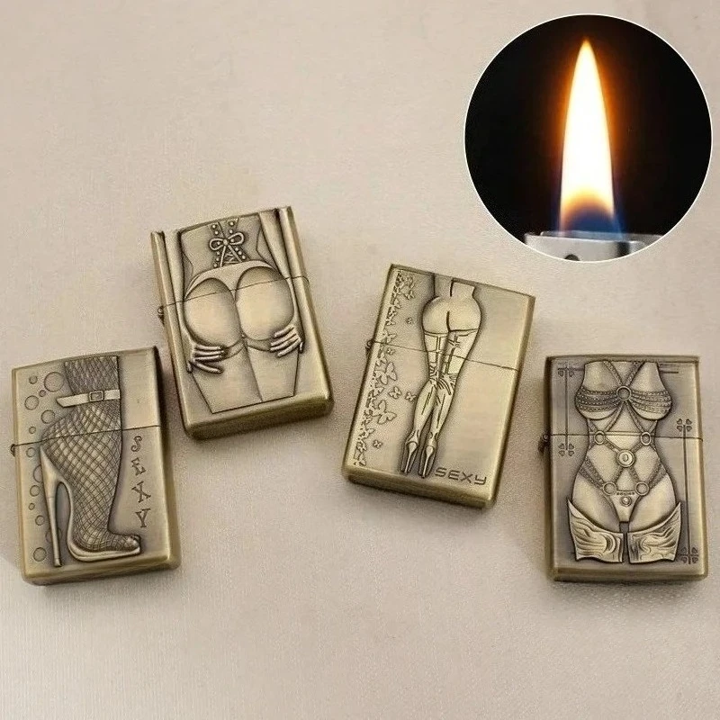 Beautiful Lady Emboss New Lighter Windproof Brass Lighters Old Vintage Sanding Wheel Lighters Men's Gift Smoking Torch