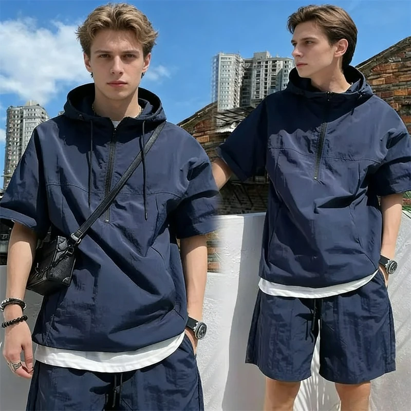 

2026 New Men's Summer Thin Ice Silk Workwear Set Casual Sports Loose Fit ort Sve orts T-irt Qui Dry Lightweight Pulllover Sets