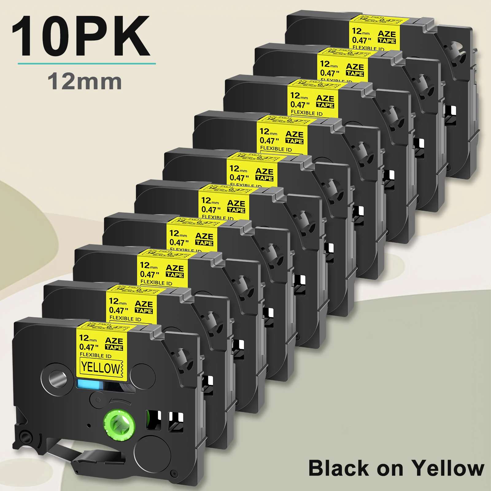 

CRUXER 10PK Black on Yellow 12mm Flexible Laminat Ribbon Compatible for Brother TZe-FX631 Label Tape for P-Touch PT-1010 Printer