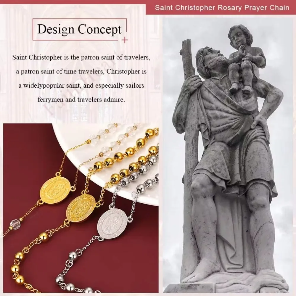 U7 Beaded Rosary Necklace Archangel Saint Christopher Pendant Religious Catholic Cross Crucifix Protection Unisex Daily Jewelry