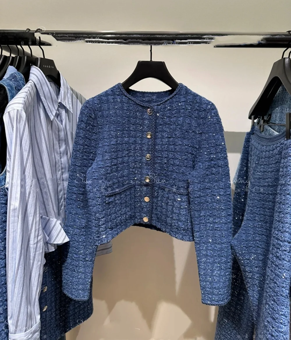 High-End European Style Spring Summer Short Denim Blue Dress Jacket Long Pants Set Sparkling Thick Tweed Fashion Ensemble