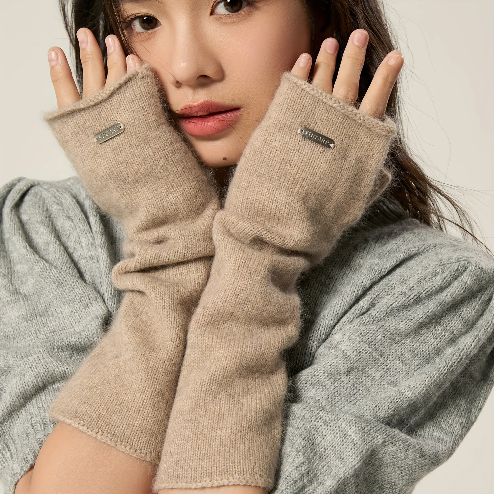 قفازات شتوية طويلة متماسكة نصف إصبع لعيد الميلاد مع فرو الراكون بلون نقي، غطاء مقاوم للبرد والدافئ، عصري #1