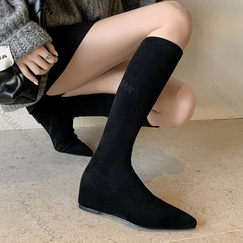 Spitzen Kopf Innere Höhe Elastische Kniehohe Stiefel Frauen Herbst Schuhe Fashion Solid Wildleder Slip auf Flachen Boden Lange Socke Botas
