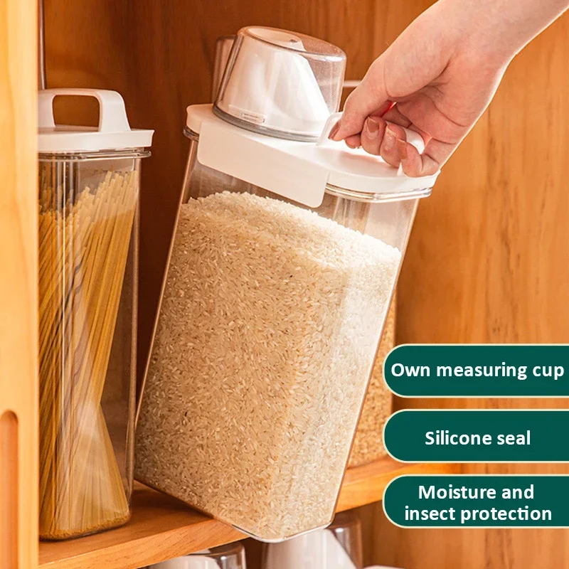 Airtight Food Storage Container Cereal Dispenser Transparent Kitchen Cereal Jar With Measuring Cup  Household Organizer Box Set