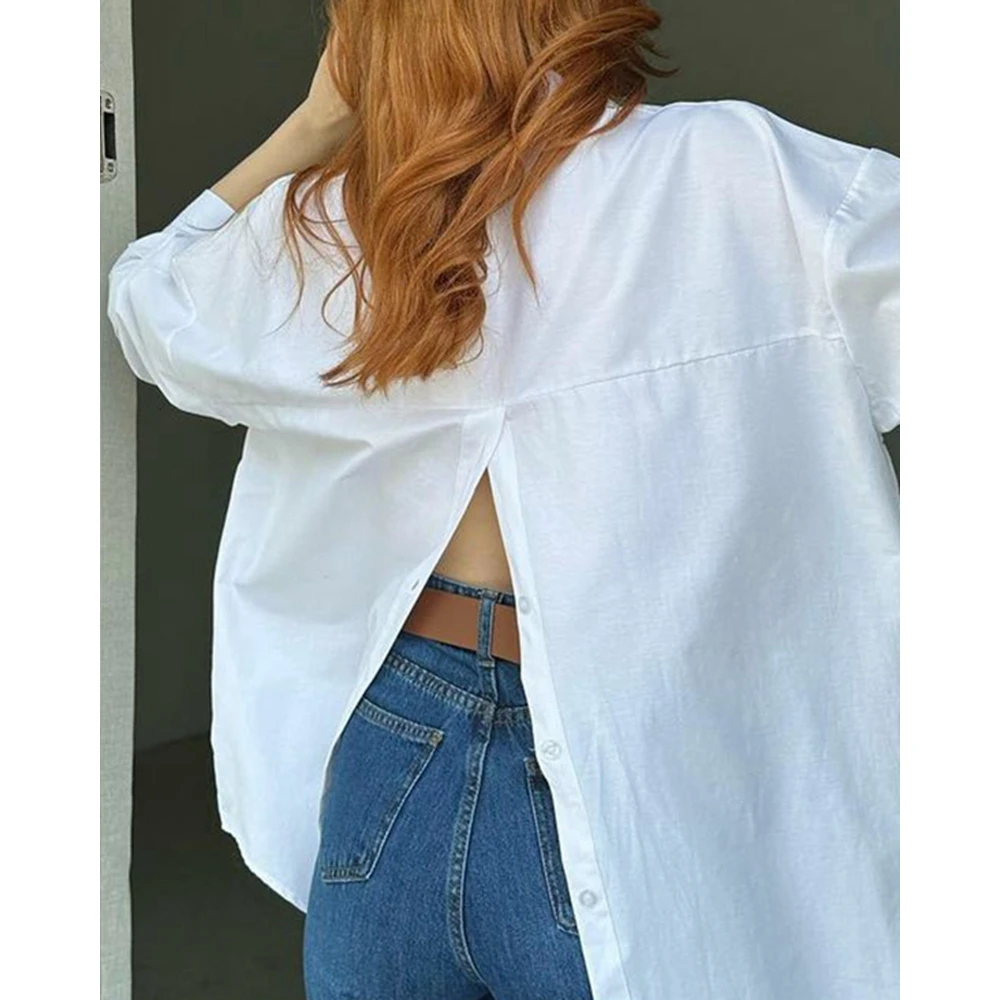 Women Fashion Casual Back Split Loose Long Sleeve Shirt Asymetrical Blouse Autumn Workwear Office Lady Buttoned Shirt Steetwear