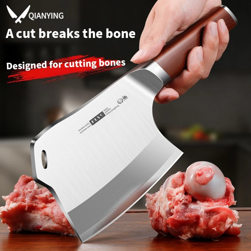 Faca de Cozinha Profissional em Aço Inoxidável para Cortar Ossos, Machadinha de Chef com Cabo de Madeira