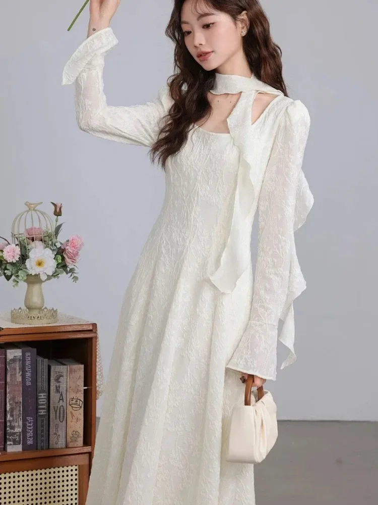 フレアスリーブ女性ドレス固体韓国ファッション春秋レトロ Vestidos Mujer 甘いシンプルシックなロングドレス