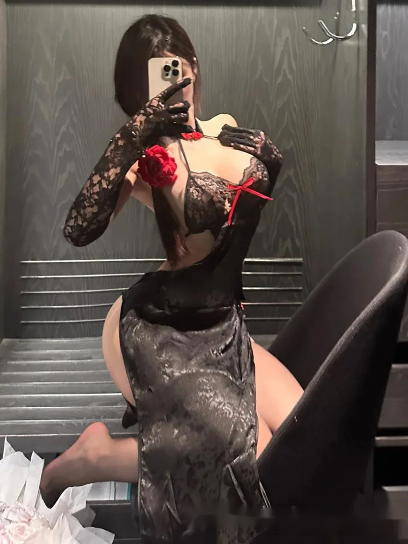 Uniforme Cheongsam Sexy de Style chinois avec boucle et fente latérale, robe Slim à bretelles, maille élégante en dentelle, robes Sexy, nouvelle collection 2024, douce 2UNJ