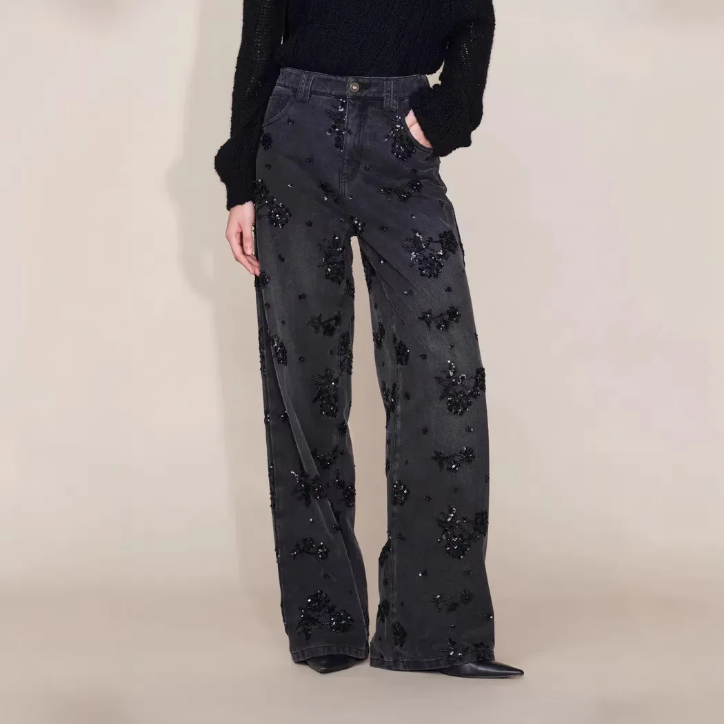 2026 Spring New Black Rose Hot Diamond Straight Loose Denim High Waist Wide Leg Trousers