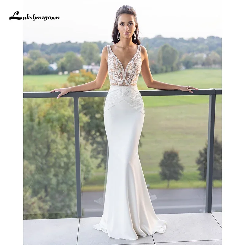 

Boho Sexy V-neck Spaghetti Straps Backless Lace Appliques Mermaid Wedding Dresses Soft Satin Bridal Gowns Sweep vestido de noiva