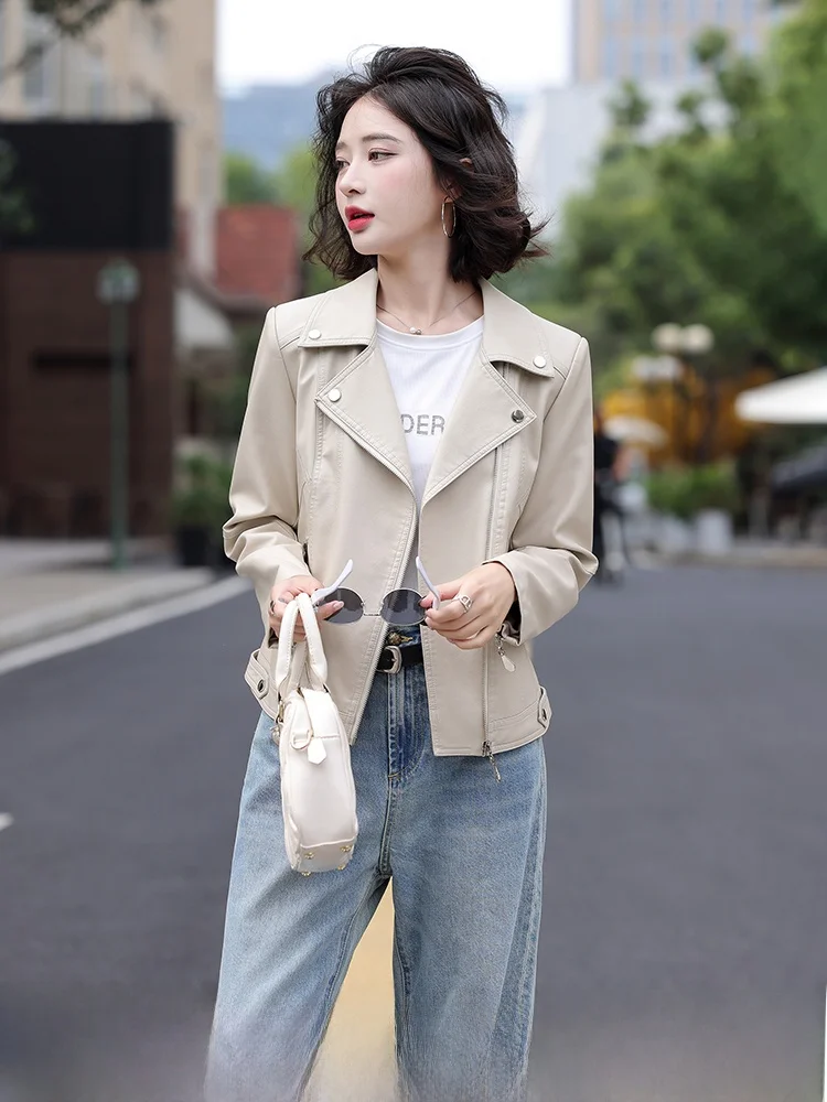 

Stylish Short Women's Leather Jacket Genuine Sheepskin Slim Fit Korean Style Fashionable Biker Waist-Cinching Outerwear