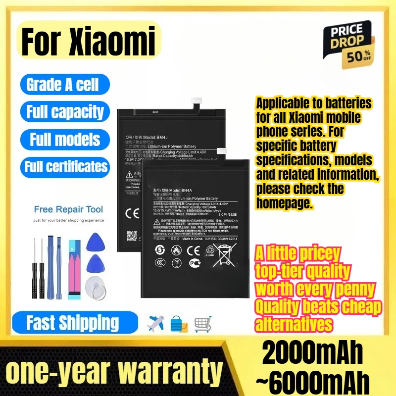 Battery for Xiaomi Redmi Note 2/3/4/5/6/7/8/9/10/11/12/13/14 0 Cycle  High Capacity Replacement Bateria Grade A Cell with Tools