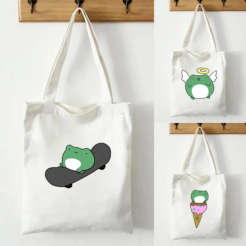 

Cute Skateboard Frog Printed Canvas Tote Bag Organizer New Reusable Shopping Bag Handbag Portable Travel Storage Shoulder Bags