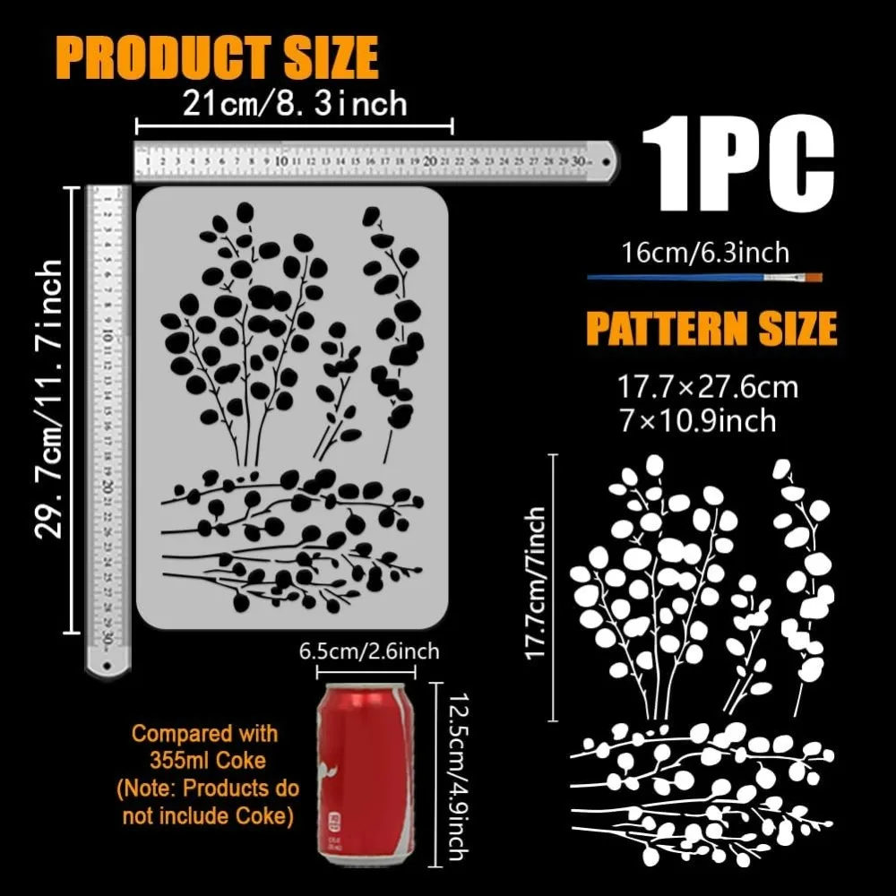 استنسل رسم أوراق الأوكالبتوس مع فرشاة 8.3 × 11.7 بوصة قالب فروع الأوكالبتوس نبات قابل لإعادة الاستخدام استنسل الأوكالبتوس