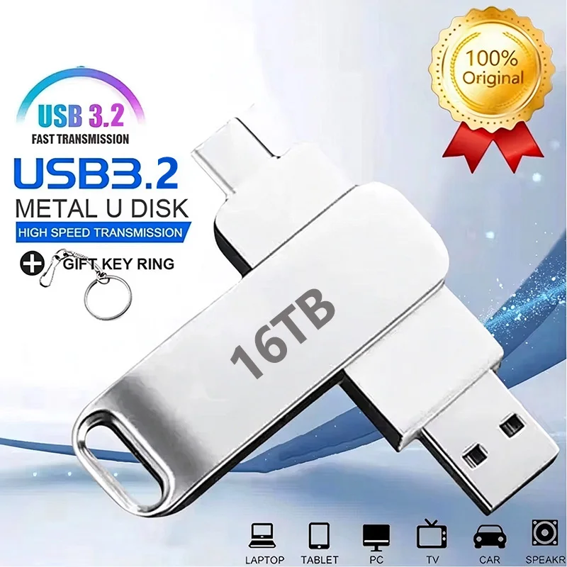 USB3.2 USB Flash Drive 16TB OTG Pen Drive High Speed Type-C Flash Disk 8TB 4TB Real Capacity Metal Pendrive For Phone Computer